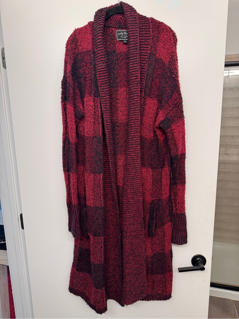 Lucky Brand Cozy Red Plaid Open-Front Long Cardigan Sweater size large
